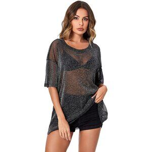🆕 Women Black Glitter Sheer Tops Mesh Tee Short Sleeve Blouse Through T Shirts